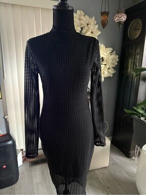 Black Long-Sleeve Mesh Bodycon Dress With Mock Neck